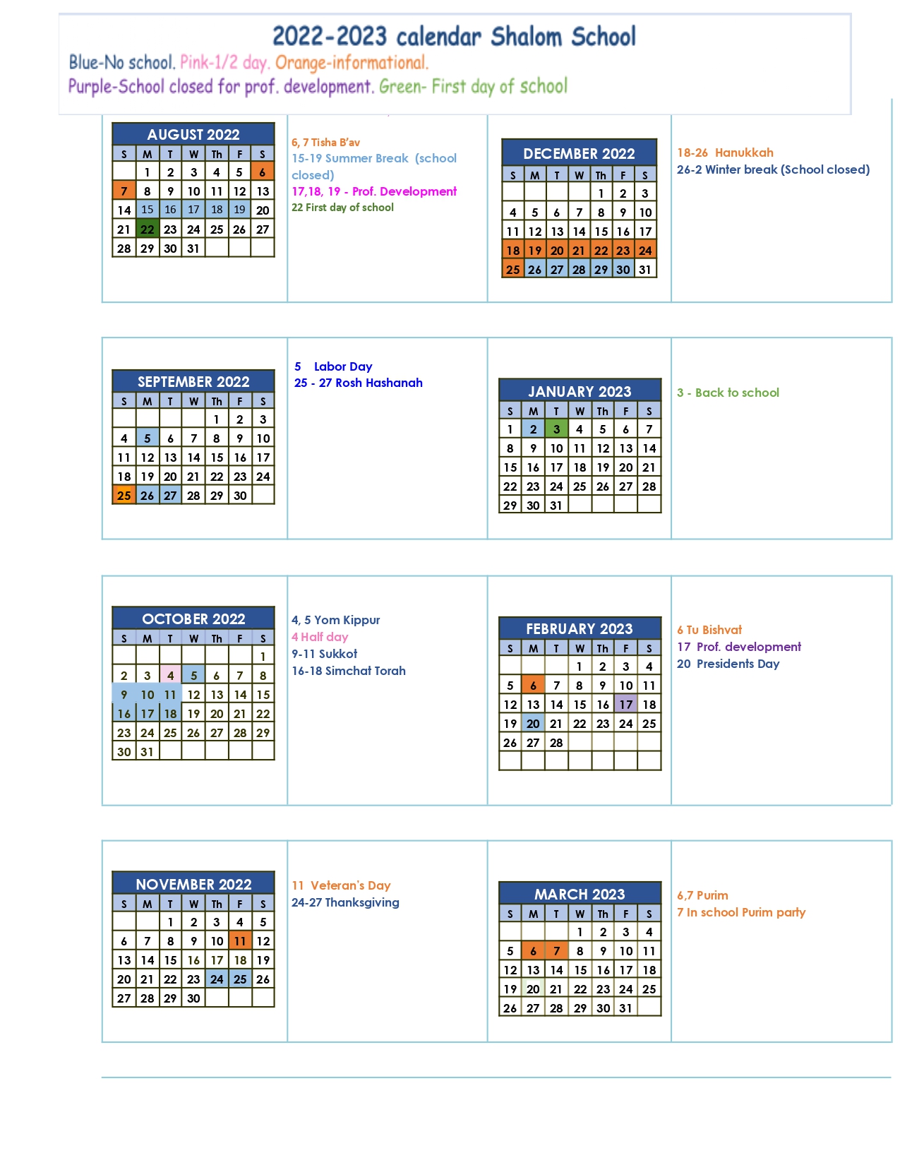 Calendar The Shalom School Website